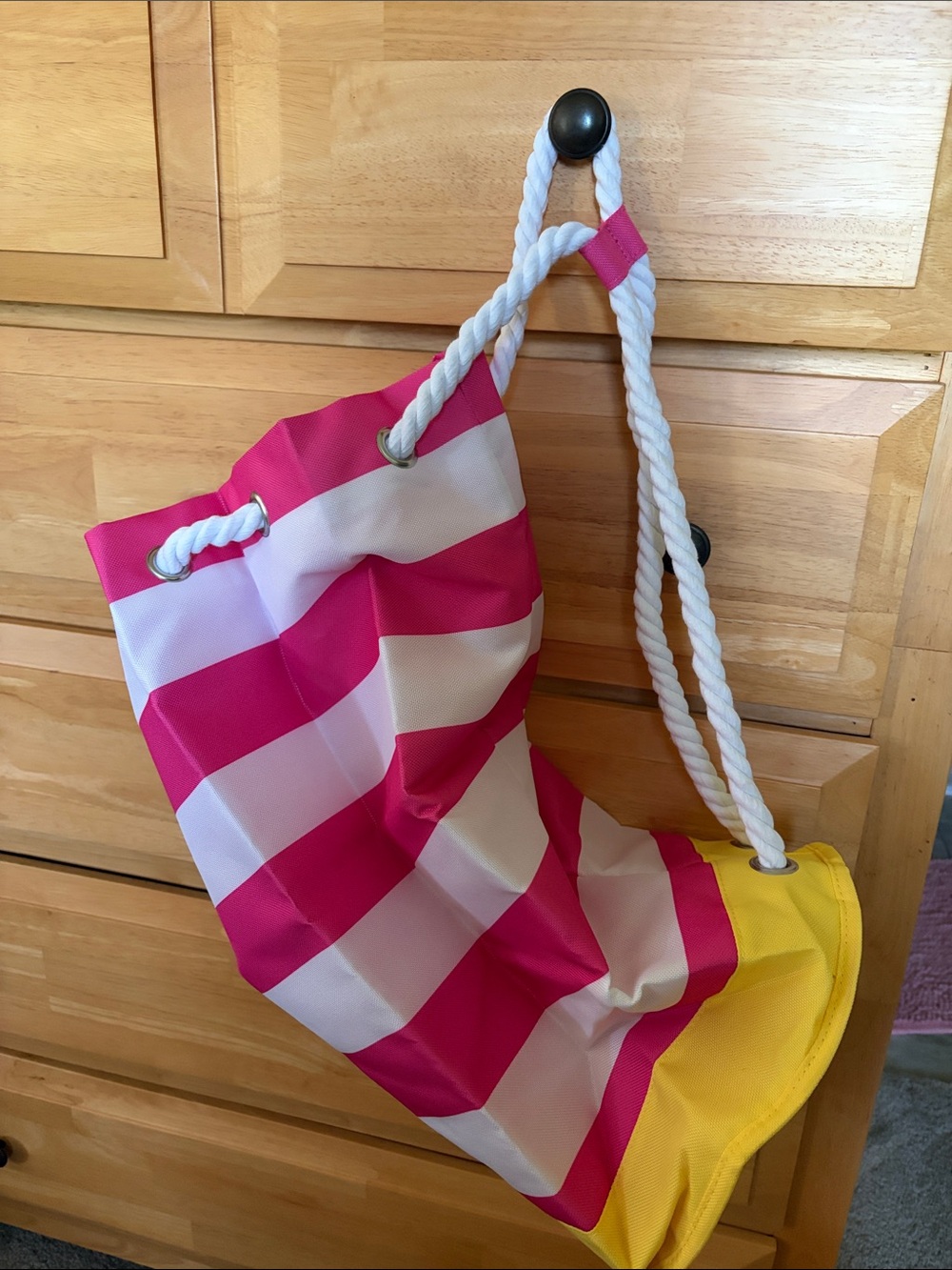 Striped Pink & White Rope Tote with Yellow Base